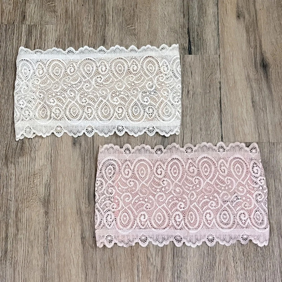 NEW Free People Lace Bandeau Bra Set of 2 Women’s XS/S White/Pink/Tan Boho Cute - Picture 2 of 4